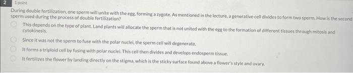 During double fertilization, one sperm will unite with the egg. forming a zygote. As mentioned in the lecture, a generative c