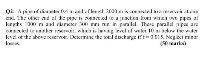 Solved Q2: A pipe of diameter 0.4 m and of length 2000 m is | Chegg.com