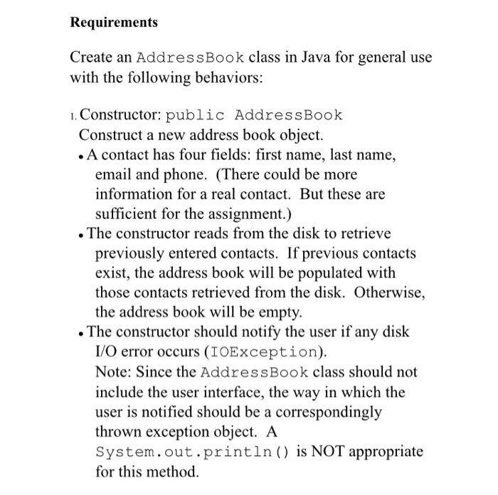 Solved Requirements Create an Address Book class in Java for | Chegg.com