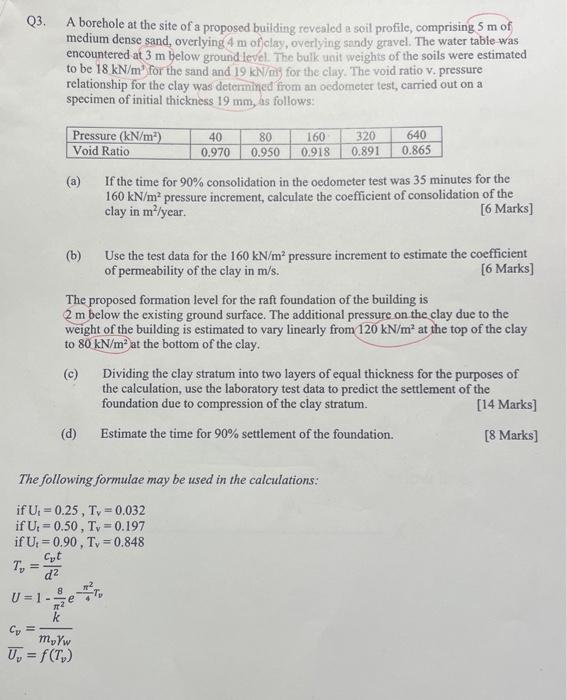 Solved Q3. A Borehole At The Site Of A Proposed Building | Chegg.com