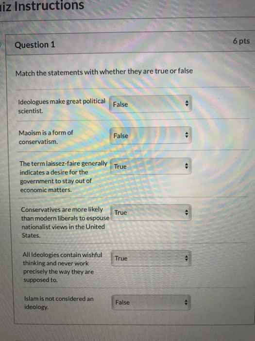 Solved uiz Instructions Question 1 6 pts Match the | Chegg.com