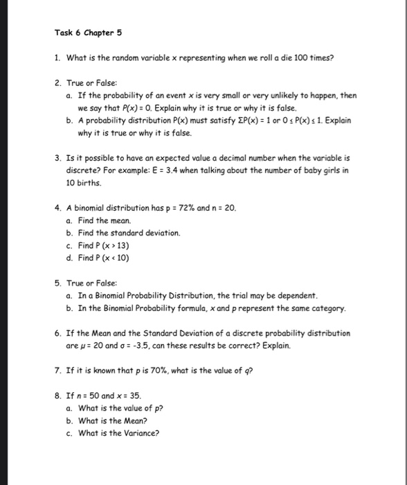 Solved Task 6 Chapter 5 1 What Is The Random Variable X Chegg Com