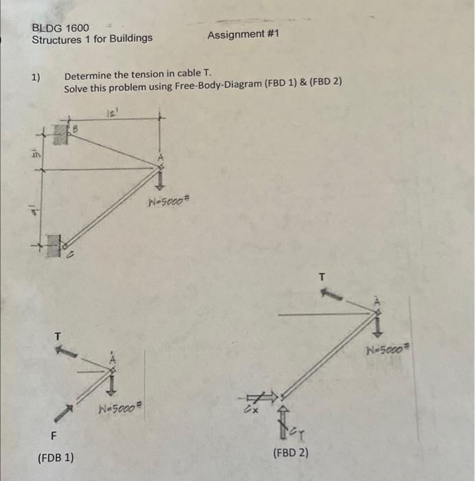 1) Determine the tension in cable \( T \).
Solve this problem using Free-Body-Diagram (FBD 1) \& (FBD 2)