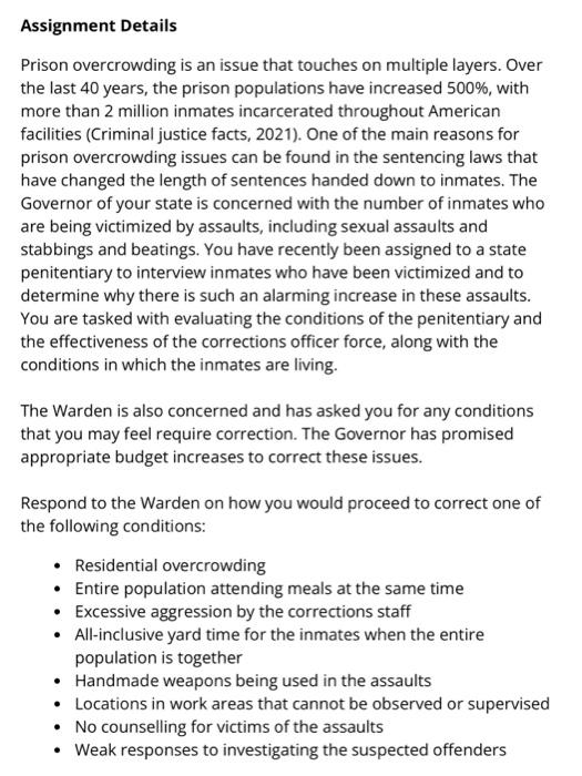 Solved Assignment Details Prison overcrowding is an issue