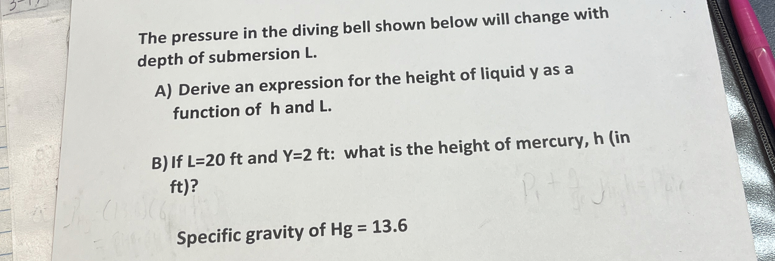 Solved The pressure in the diving bell shown below will | Chegg.com