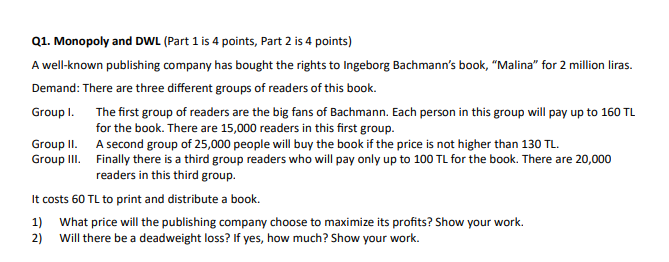 Solved Q1. ﻿Monopoly and DWL (Part 1 ﻿is 4 ﻿points, Part 2 | Chegg.com
