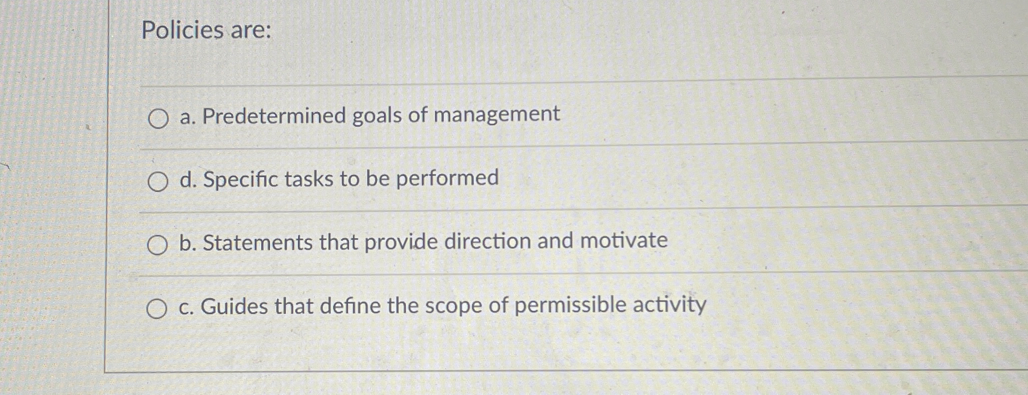 Solved Policies are:a. ﻿Predetermined goals of managementd. | Chegg.com