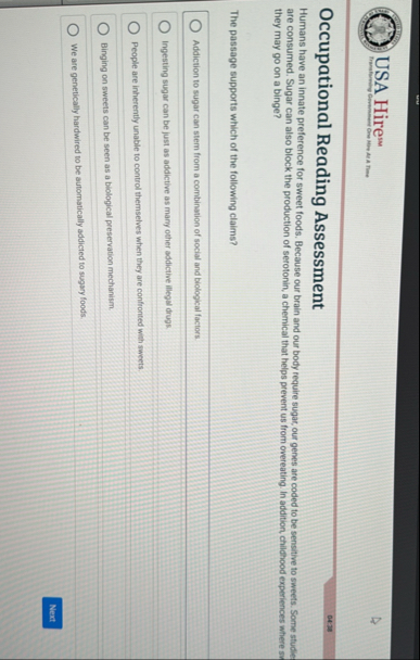 Solved USA Hire ?wOccupational Reading Assessment04-78Humans | Chegg.com