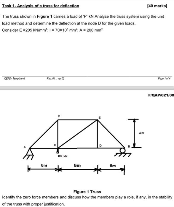 Solved Task 1- Analysis of a truss for deflection [40 marks] | Chegg.com