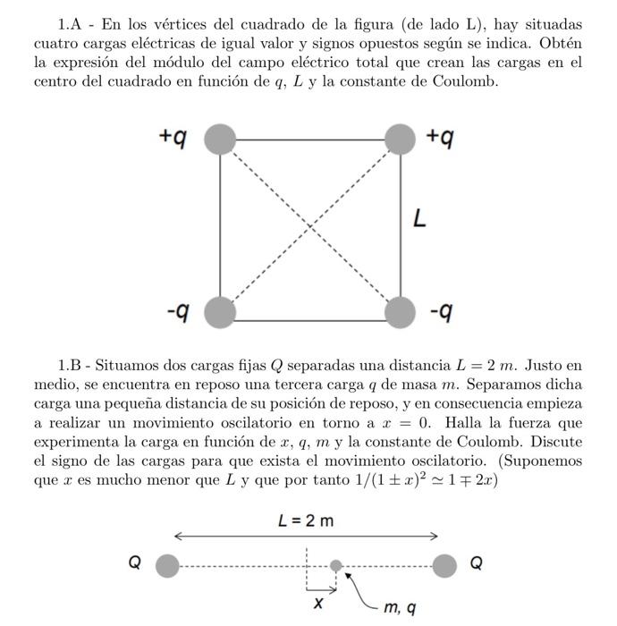 1.A - En los vértices del cuadrado de la figura (de lado L), hay situadas cuatro cargas eléctricas de igual valor y signos op