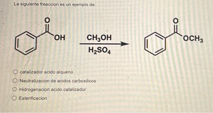 La siguiente freaccion es un ejemplo de: caalizador acido alqueno Neutralizacion de acidos carboxilicos Hidrogenacion acido