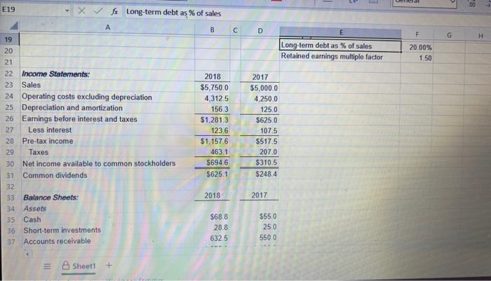 E19 ×fx Long-term debt aş \% sales54 55 FORMULAS 56. | Chegg.com
