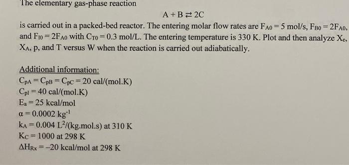 Solved The elementary gas-phase reaction A+B2C is carried | Chegg.com