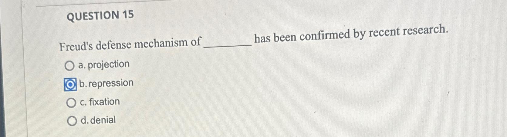 Solved QUESTION 15Freud's defense mechanism of has been | Chegg.com