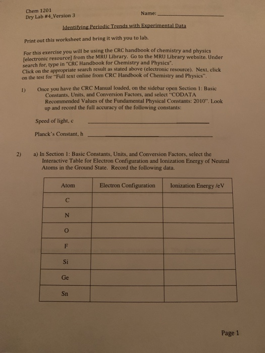 Solved Chem 1201 Dry Lab 4 Version 3 Name Identifying P Chegg Com