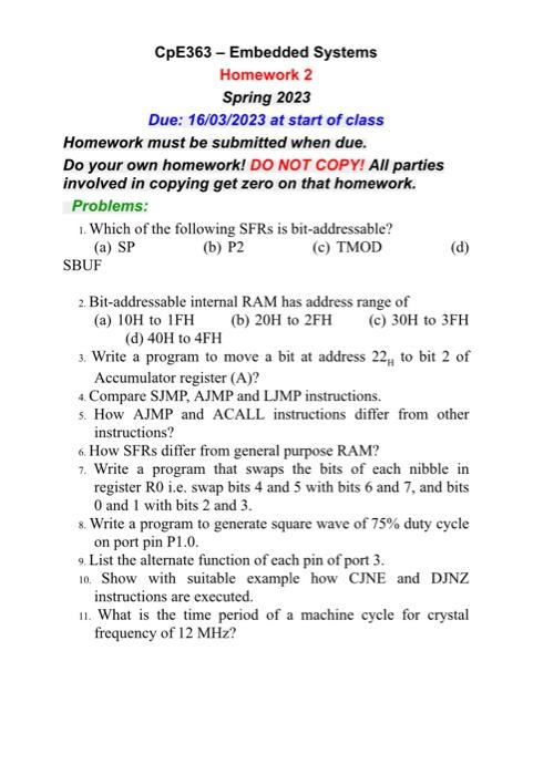 Solved CpE363 - Embedded Systems Homework 2 Spring 2023 Due: | Chegg.com