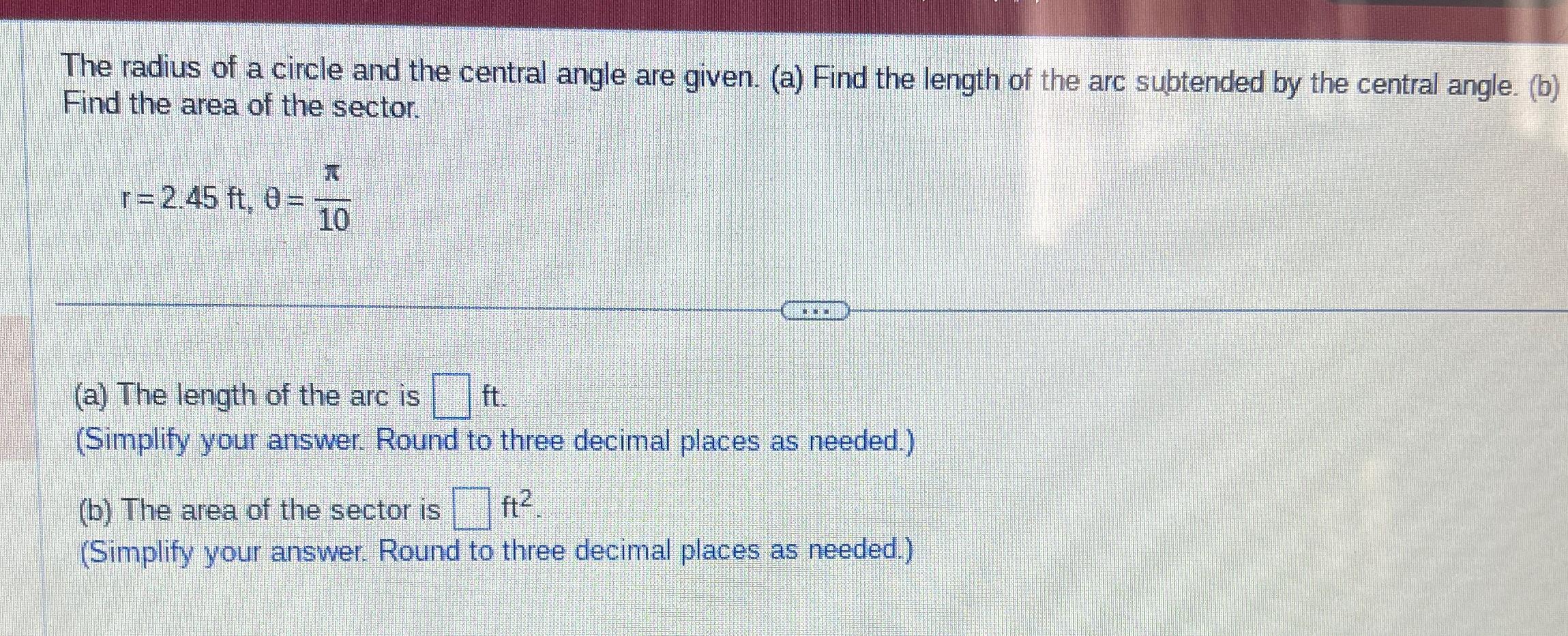 how to find the central angle of a circle with radius