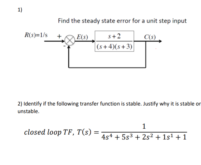 Solved 1) Find the steady state error for a unit step input | Chegg.com