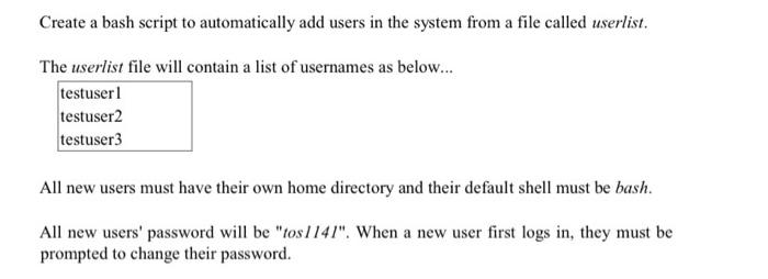 Solved Create a bash script to automatically add users in | Chegg.com