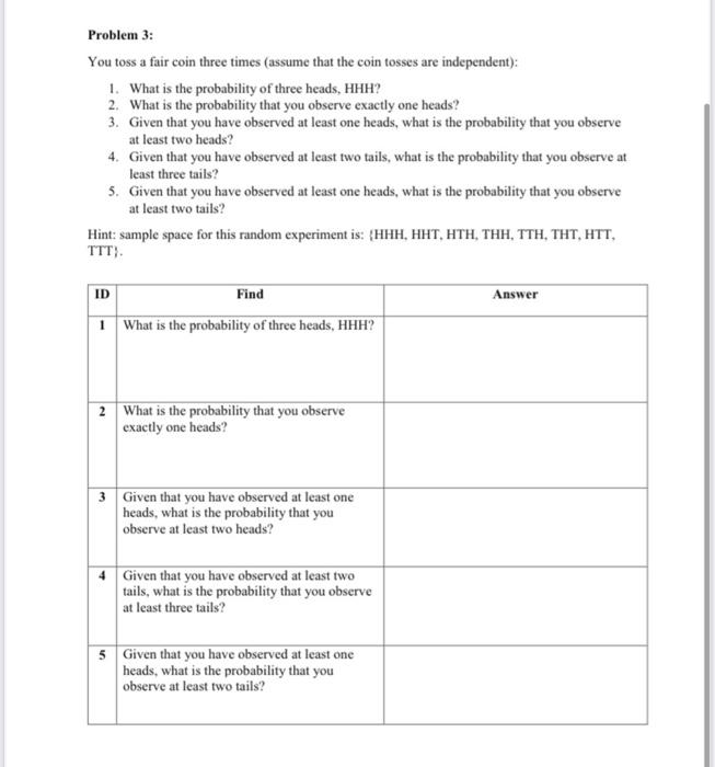 Solved Problem 3: You Toss A Fair Coin Three Times (assume | Chegg.com