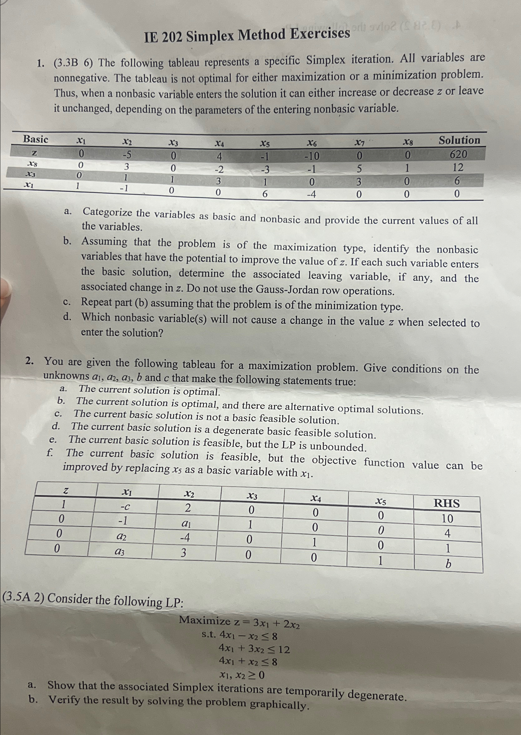 Solved IE 202 ﻿Simplex Method Exercises(3.3B 6 | Chegg.com