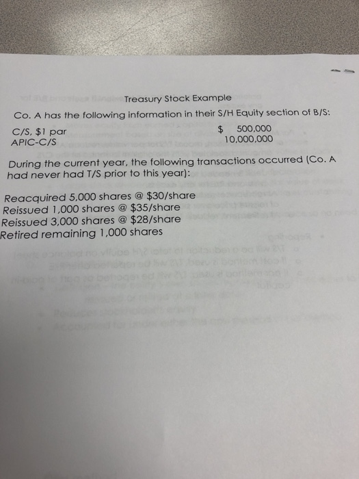Treasury Stock Example Co. A has the following | Chegg.com