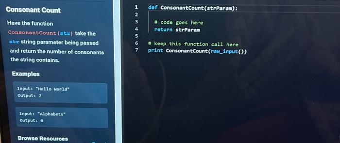 Solved Consonant Count Have the function \# code goes here | Chegg.com