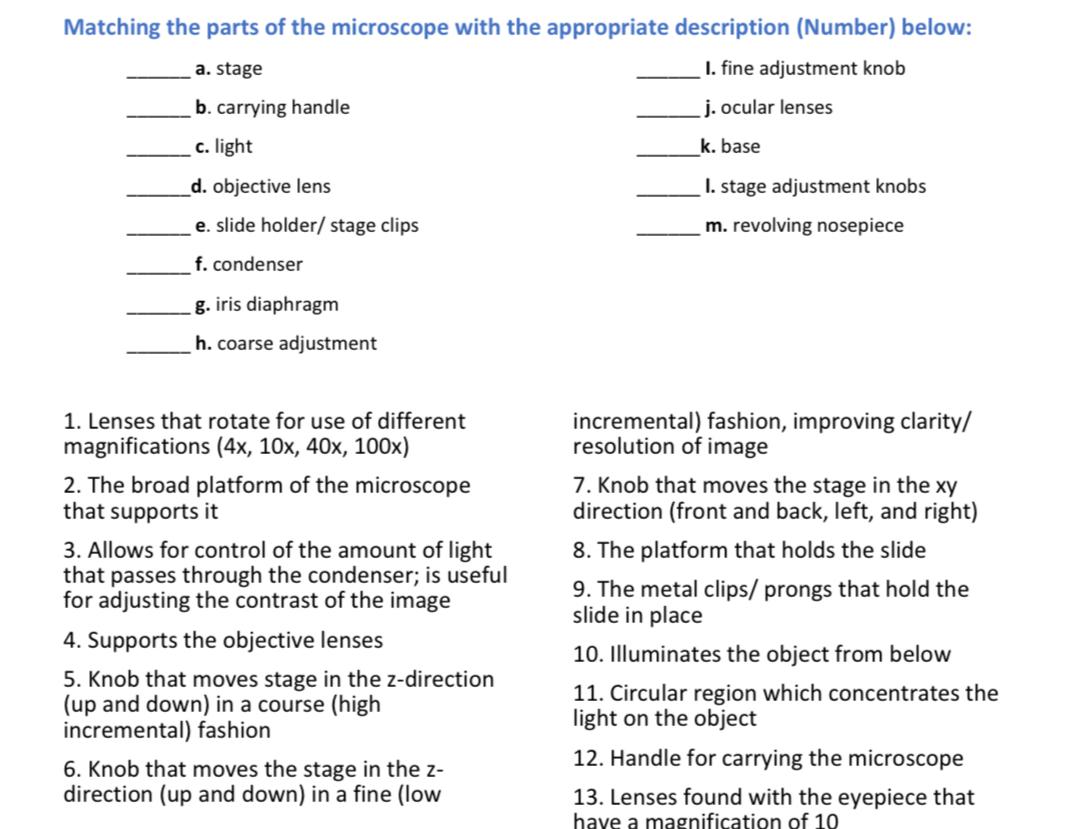 Solved Matching the parts of the microscope with the