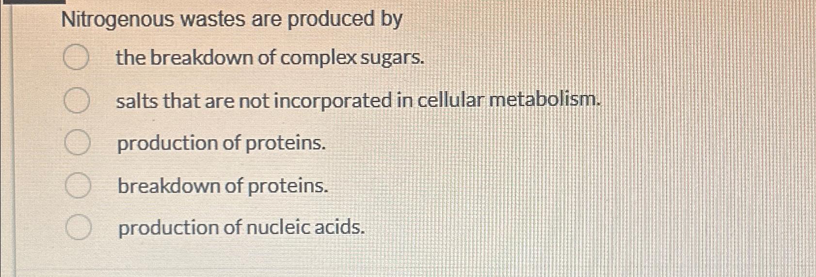 Solved Nitrogenous wastes are produced bythe breakdown of | Chegg.com