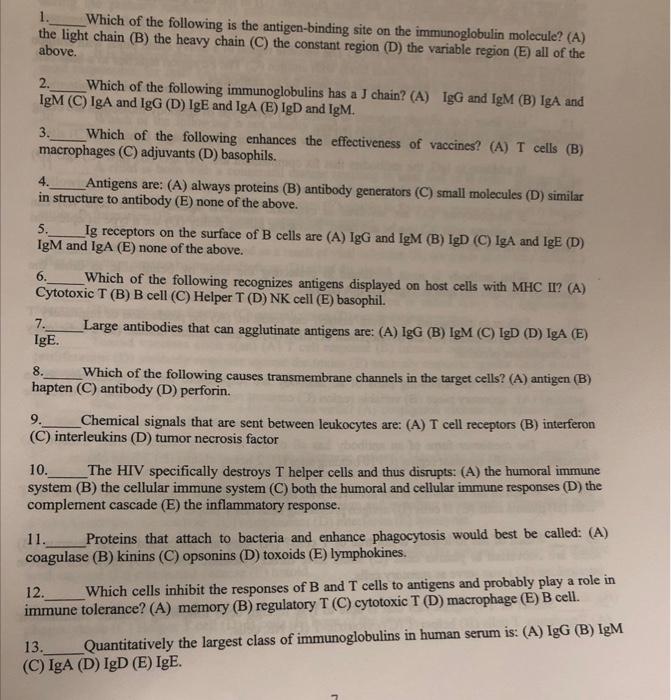Solved Which of the following is the antigenbinding site on