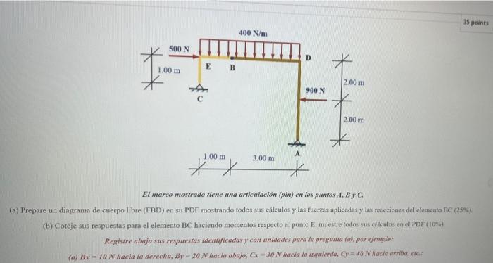 35 points 400 N/m 500 N D 1.00 m Е в 2.00 m 900 N * 2.00 m 1.00 m 3.00 m X El marco mostrado tiene una articulación (pin) en