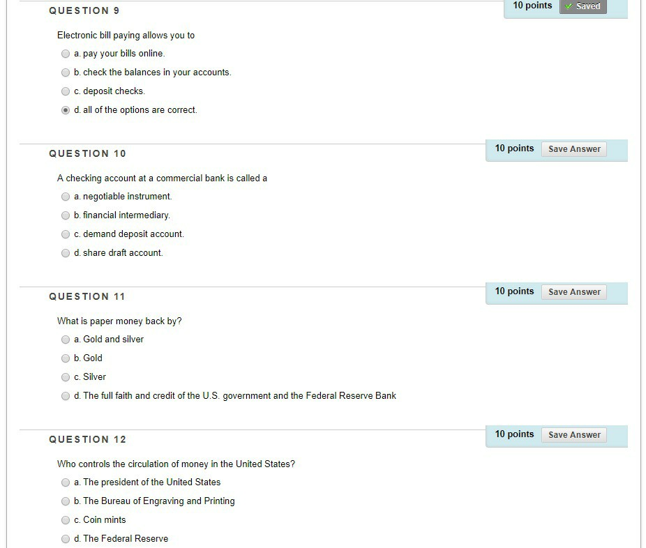 Solved QUESTION 9 10 points Saved Electronic bill paying | Chegg.com