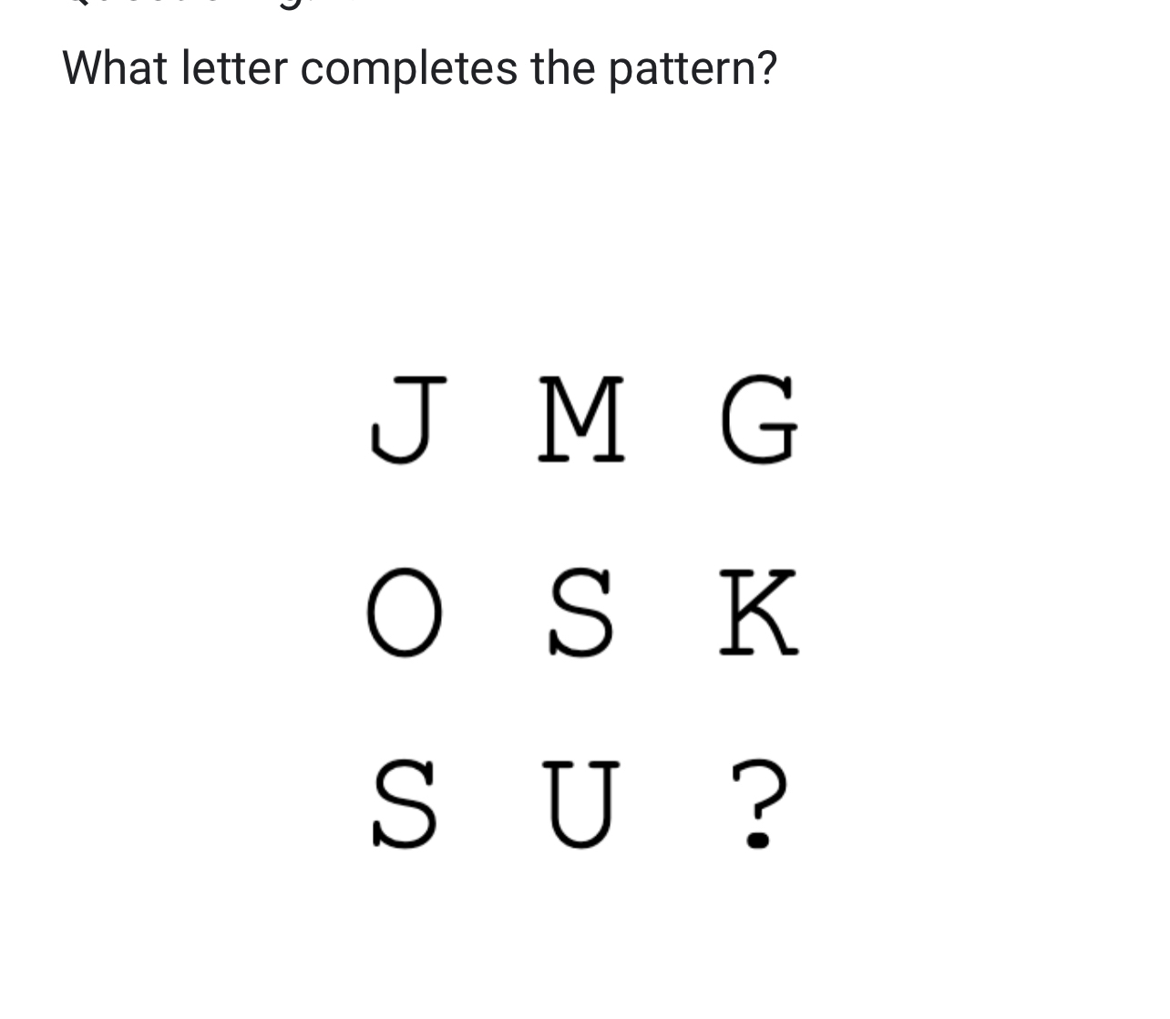 Solved What letter completes the pattern?J M ﻿MO S KSU ? | Chegg.com