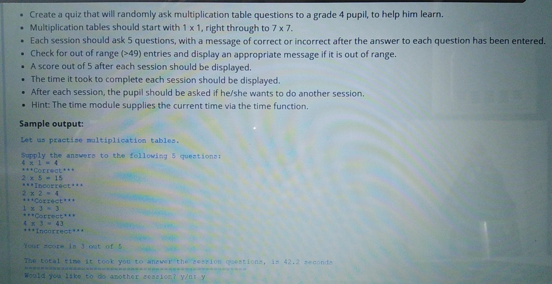 Solved • Create a quiz that will randomly ask multiplication | Chegg.com