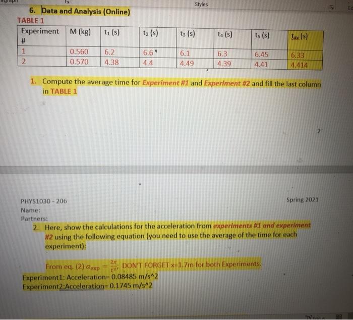 Solved Styles 6. Data and Analysis (Online) TABLE 1 | Chegg.com