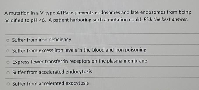 A mutation in a V-type ATPase prevents endosomes and late endosomes from being acidified to pH <6. A patient harboring such a