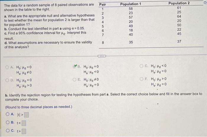 Solved The data for a random sample of 8 paired observations | Chegg.com