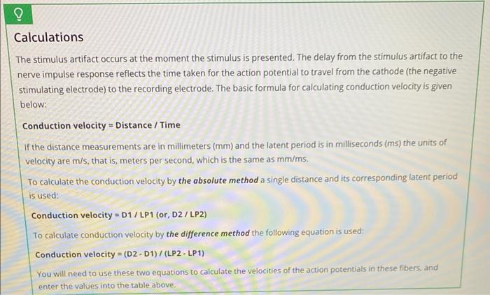 Conduction velocity data \& calculationsThe stimulus | Chegg.com