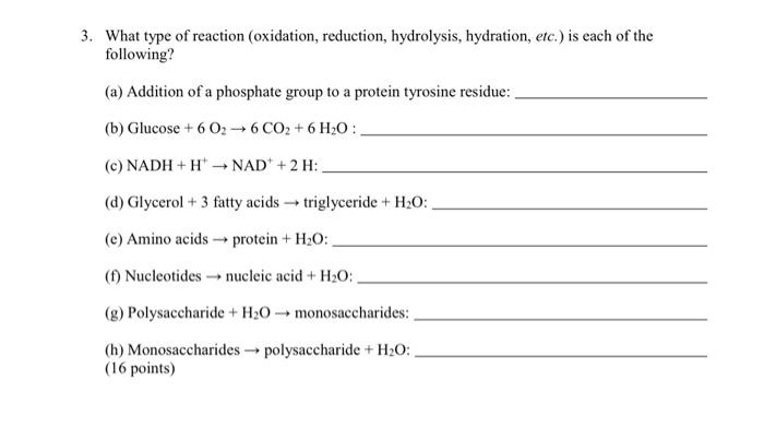 Solved 3. What type of reaction (oxidation, reduction, | Chegg.com