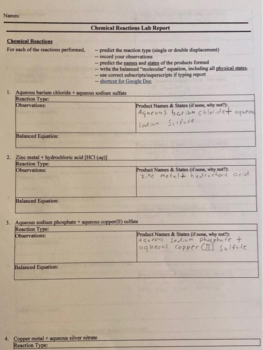 Solved Names Chemical Reactions Lab Report Chemical