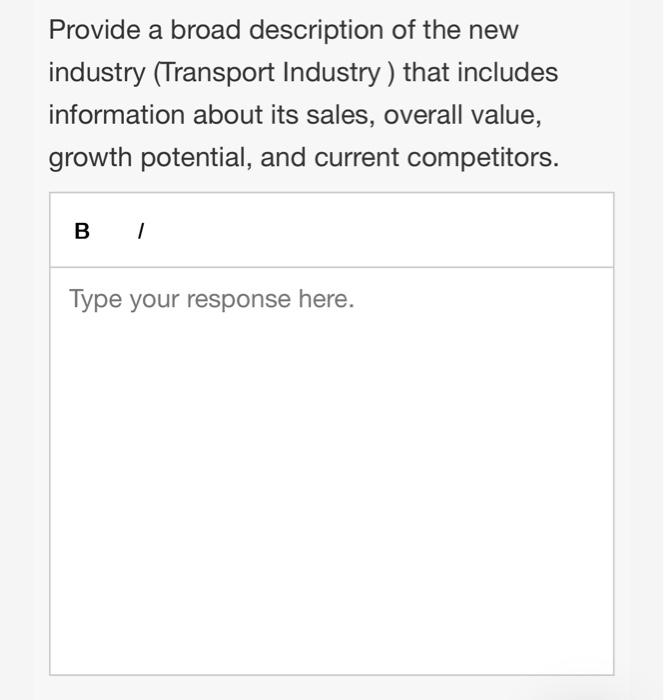 Solved Provide a broad description of the new industry | Chegg.com