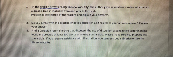 1 In The Article Arrests Plunge In New York City Chegg Com