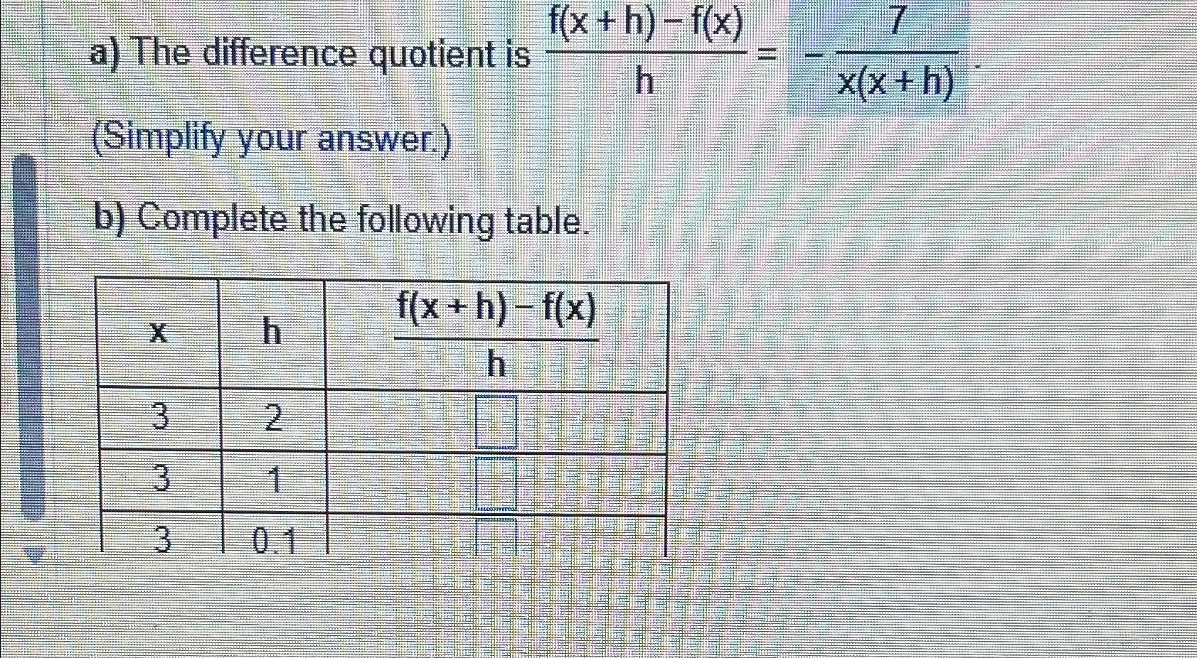 Solved a) ﻿The difference quotient is | Chegg.com