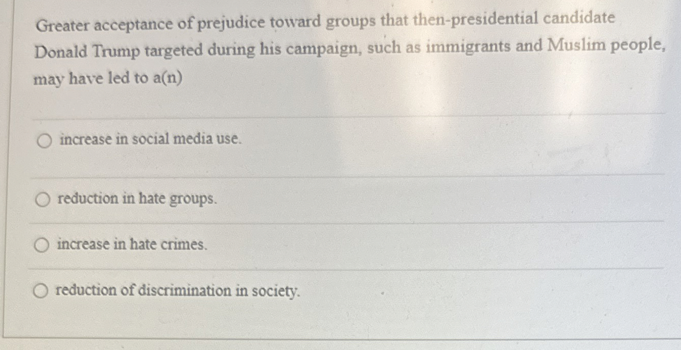 Solved Greater acceptance of prejudice toward groups that | Chegg.com