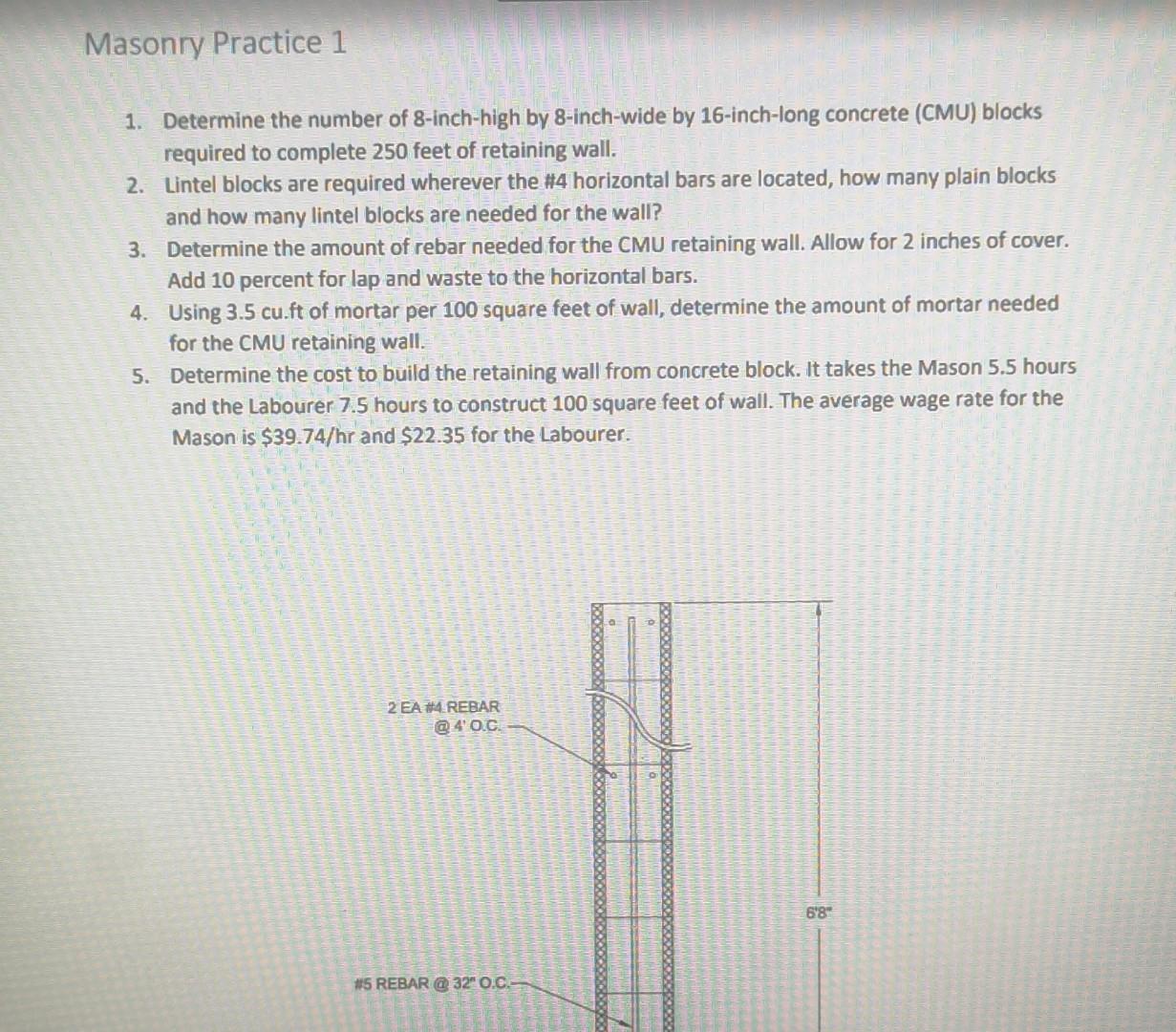 Masonry Practice Problem Solved Masonry Practice 1 1. Determine the number of | Chegg.com
