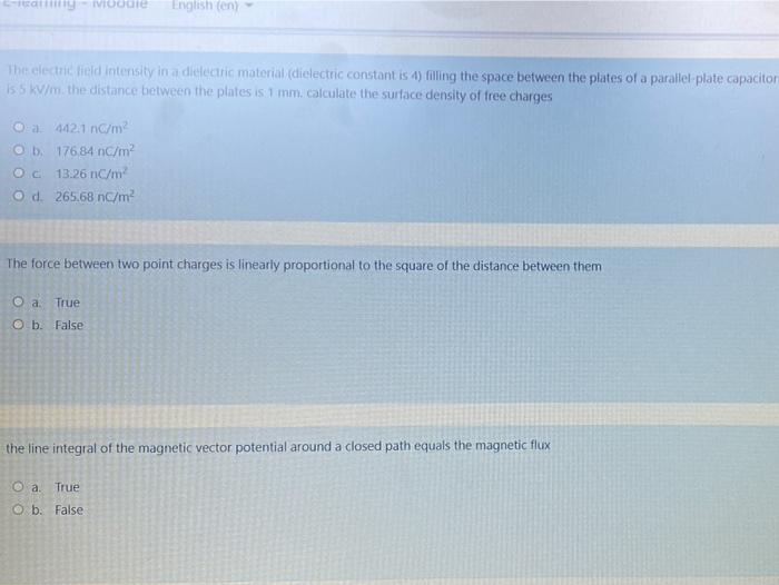Solved VODICE English (en) The electric field intensity in a | Chegg.com