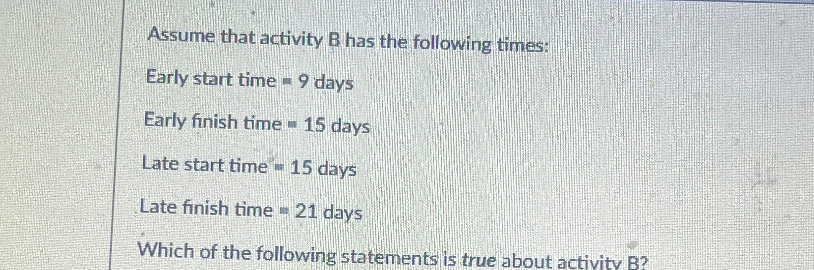 Solved Assume that activity B ﻿has the following times:Early | Chegg.com