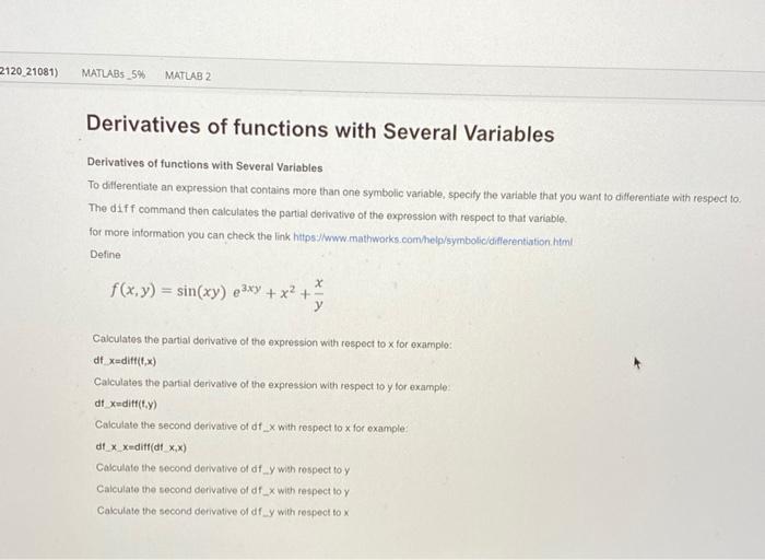Solved 2120 21081) MATLABS 5% MATLAB 2 Derivatives of | Chegg.com