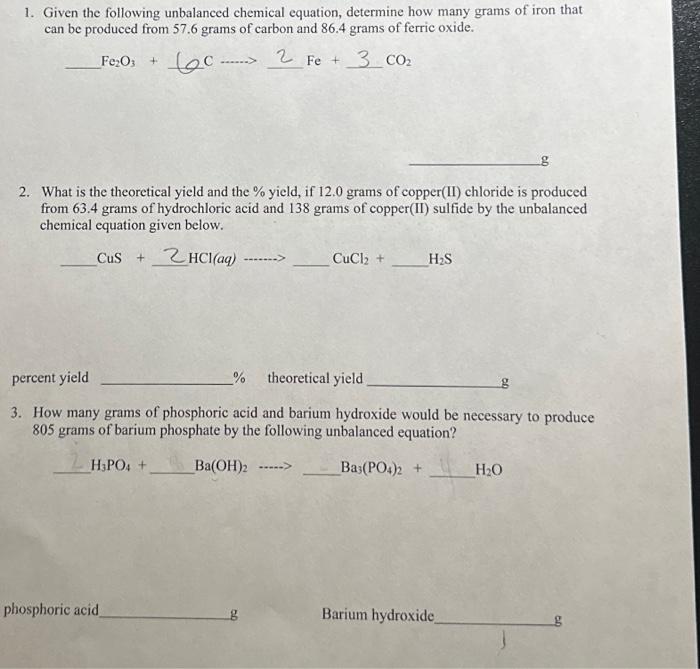 Solved 1 Given The Following Unbalanced Chemical Equation