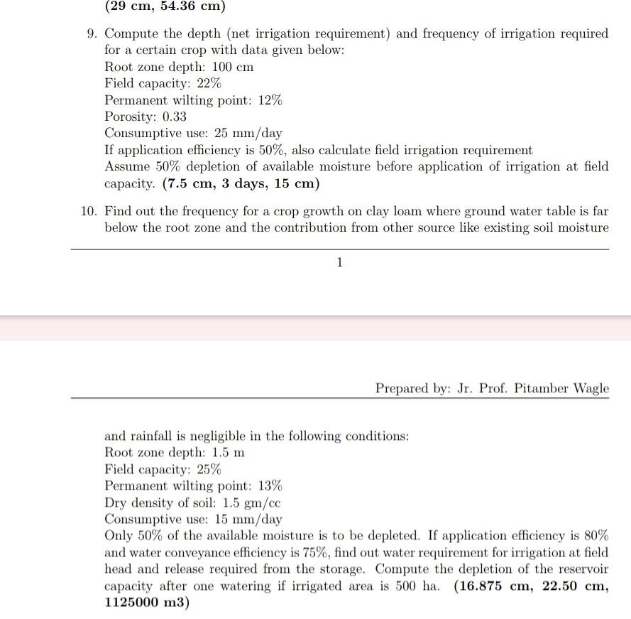 Solved 9. Compute the depth irrigation requirement) and